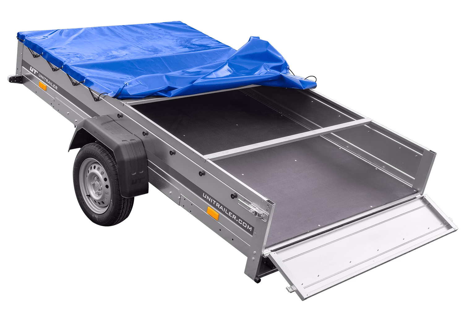 PKW-Anhänger 264 × 150 cm UNITRAILER GARDEN 265 KIPP mit H-0 Spriegelgestell und blauer Hochplane