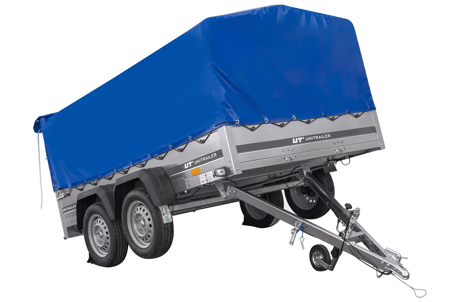 Tandemanhänger 264 × 150 cm UNITRAILER GARDEN 265/2 KIPP mit H-800 Hochplanengestell und blauer Hochplane